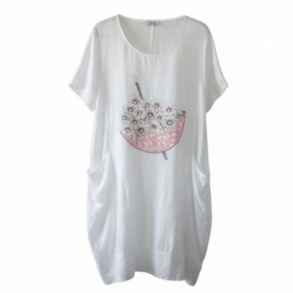 Cote a Cote Plus Size White Linen Dress with Floral Umbrella Design